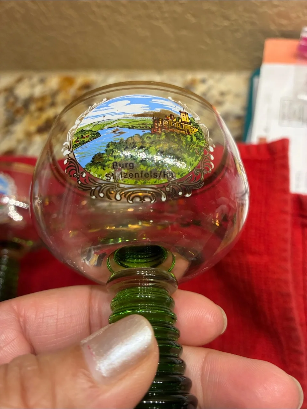 Set of 5! Green bee hive Stemmed German Wine Glasses